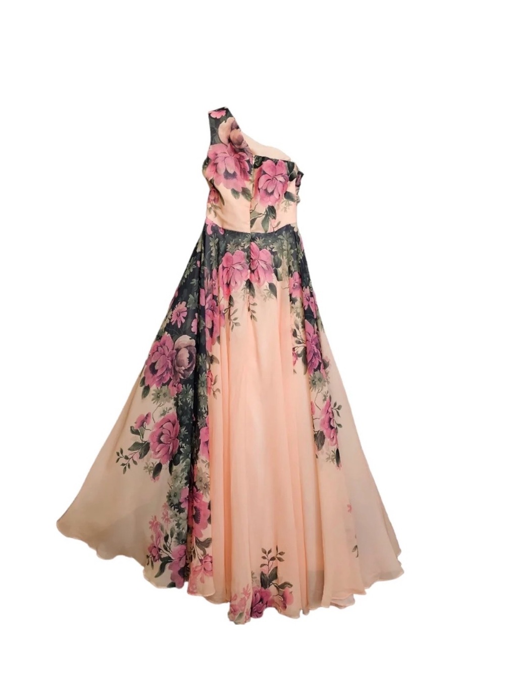 One-Shoulder Peach Dress with Pink Floral Print (GRACE KARIN) tag was removed